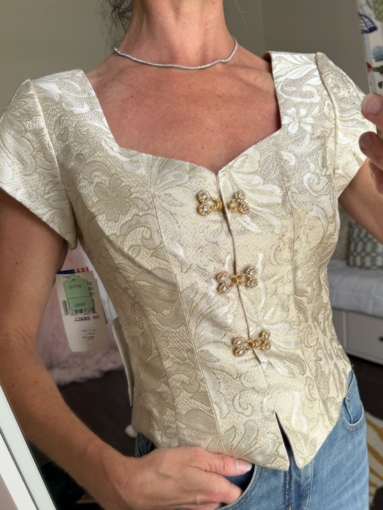 Hampton Nites Tops - Y2K Gold Brocade Corset Top Rhinestone Party Glam Coquette